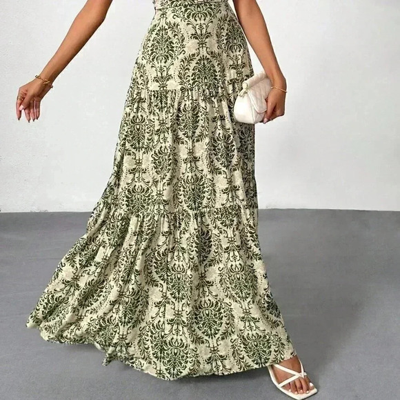 Army Green Boho Women's Vacation Printed Bohemian Backless Maxi Cami Dress - Picture 8 of 9